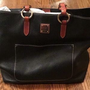 Black Pebble leather with amazing pockets.  Brown braid straps.